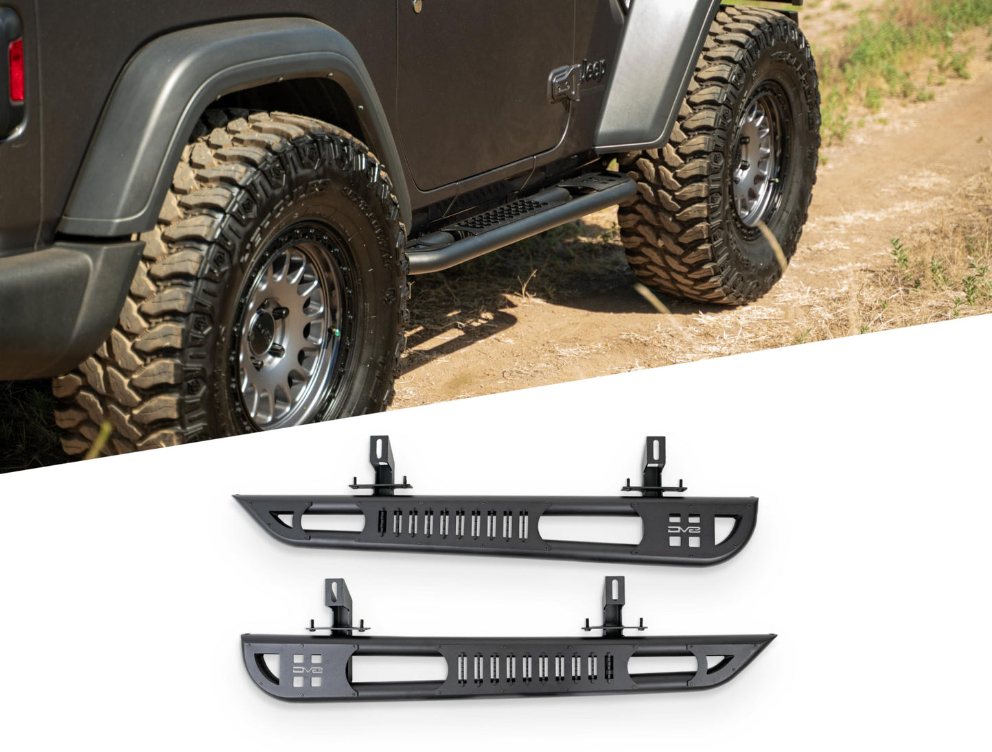 DV8 OE Plus Side Steps for 2018-2026 2-Door Jeep Wrangler JL | Gripped Top Plates to Prevent Slippage | Multi-Mount Design for Stability | Fully Bolt-On | Micro-Texture Black Powder Coat Finish