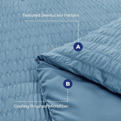 HYMOKEGE Queen Comforter Set - 7-Piece Mineral Blue Seersucker Luxury Bedding | All-Season Bed in a Bag