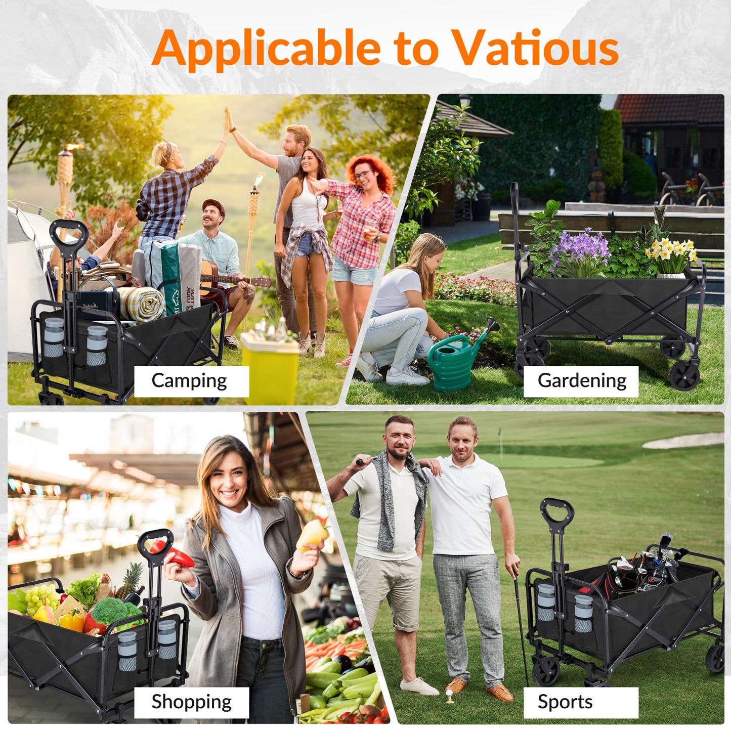 Collapsible Foldable Wagon Cart,Utility Beach Cart with Drink Holders Large Capacity Protable Grocery Wagon for Garden Shopping Outdoor Camping (Black, 250lbs)