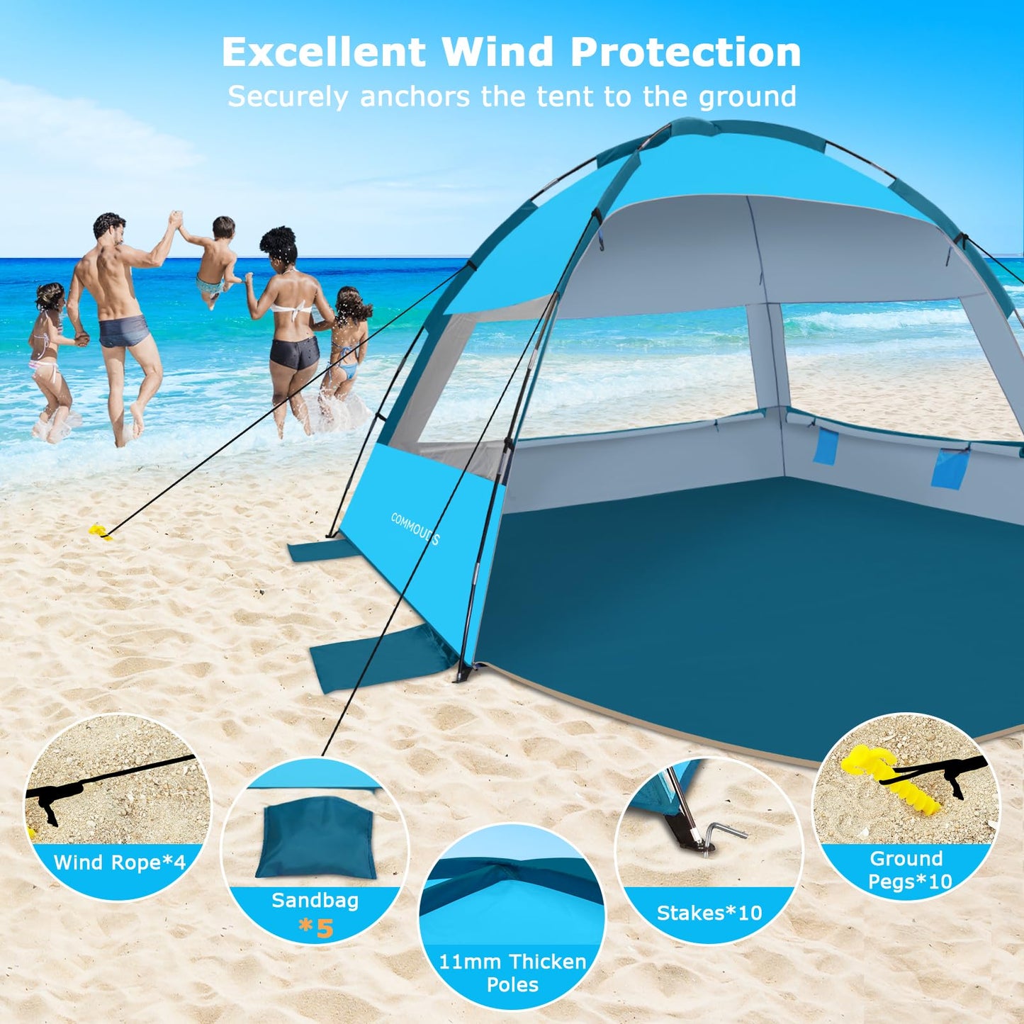 COMMOUDS Beach Tent Sun Shelter for 3/4/6/8 Person, UPF 50+ UV Protection Beach Shade Canopy Tent, Lightweight, Easy Set Up and Carry