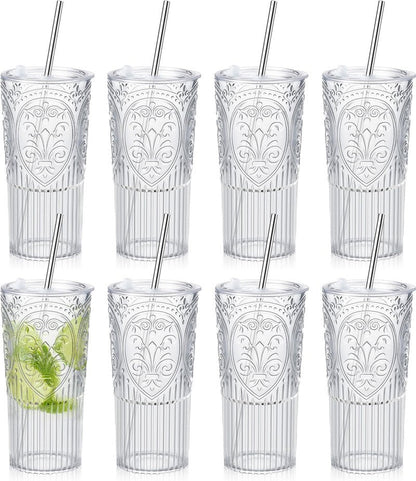 Acellegic 8 Set 20oz Vintage Plastic Tumbler with Lids and Straws Ribbed Floral Drinking Glasses Reusable Iced Coffee Cups for Water Juice Smoothie Cocktail Travel Party Events Gift (Clear)