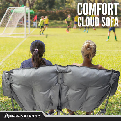 Black Sierra Double Loveseat Comfort Camping Couch, Oversized Folding Chair for Adults, 600‑lb Capacity, Plush Padded Heavy Duty Outdoor Seat with Cup Holders & Carry Bag for Beach, RV