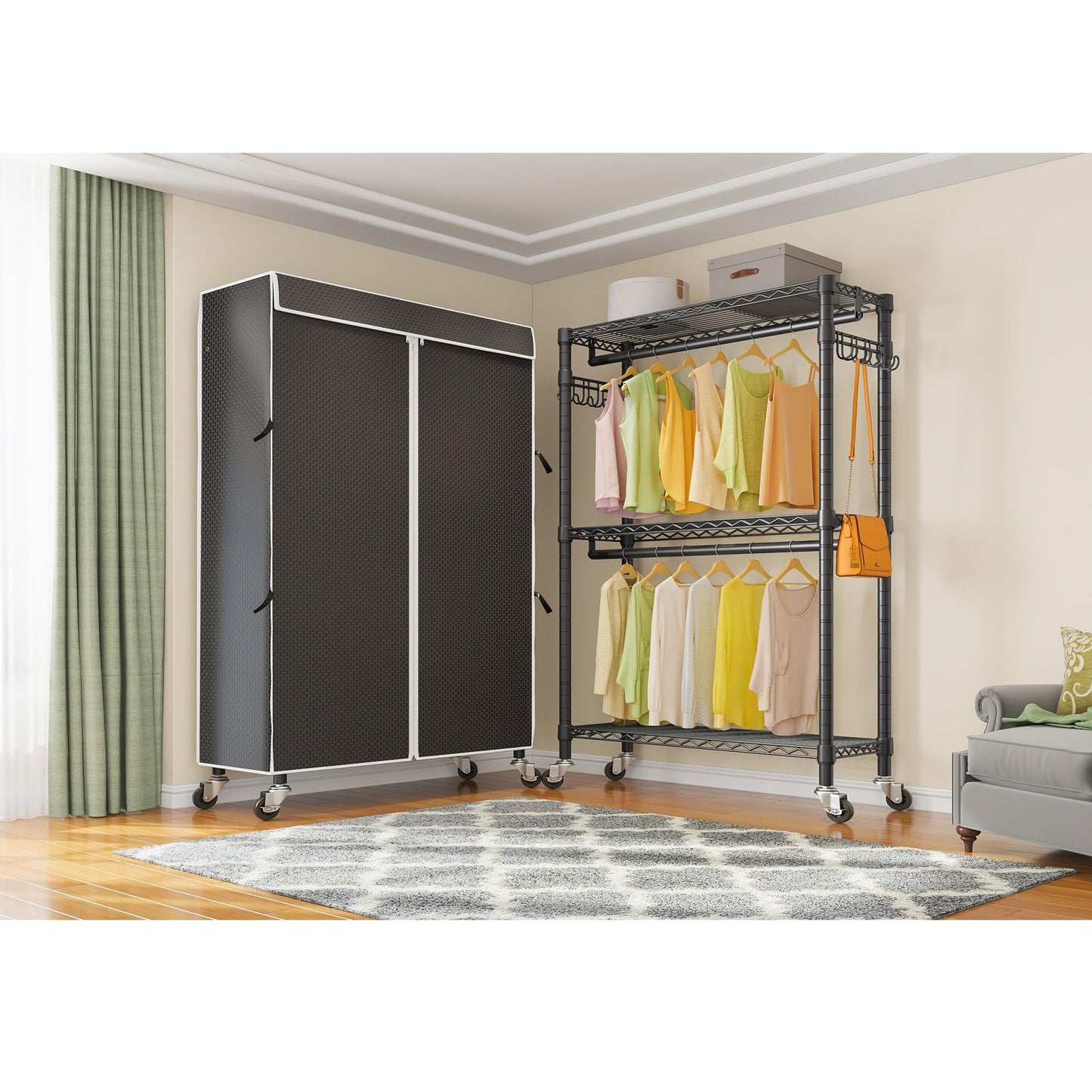VIPEK R2C Heavy Duty Rolling Garment Rack with Cover, Portable Closets with Double Rods & Lockable Wheels, Covered Clothing Rack for Hanging Clothes, Black Rack with Black Upgraded Polyester Cover