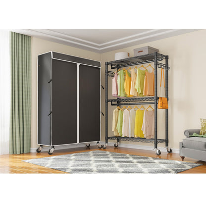 VIPEK R2C Heavy Duty Rolling Garment Rack with Cover, Portable Closets with Double Rods & Lockable Wheels, Covered Clothing Rack for Hanging Clothes, Black Rack with Black Upgraded Polyester Cover