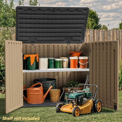 DWVO 35 Cuft Outdoor Horizontal Storage, Waterproof Resin Storage Shed with Floor and Multiple Accesses for Garden Tools, Easy Assembly, Brown (No Shelf Included)