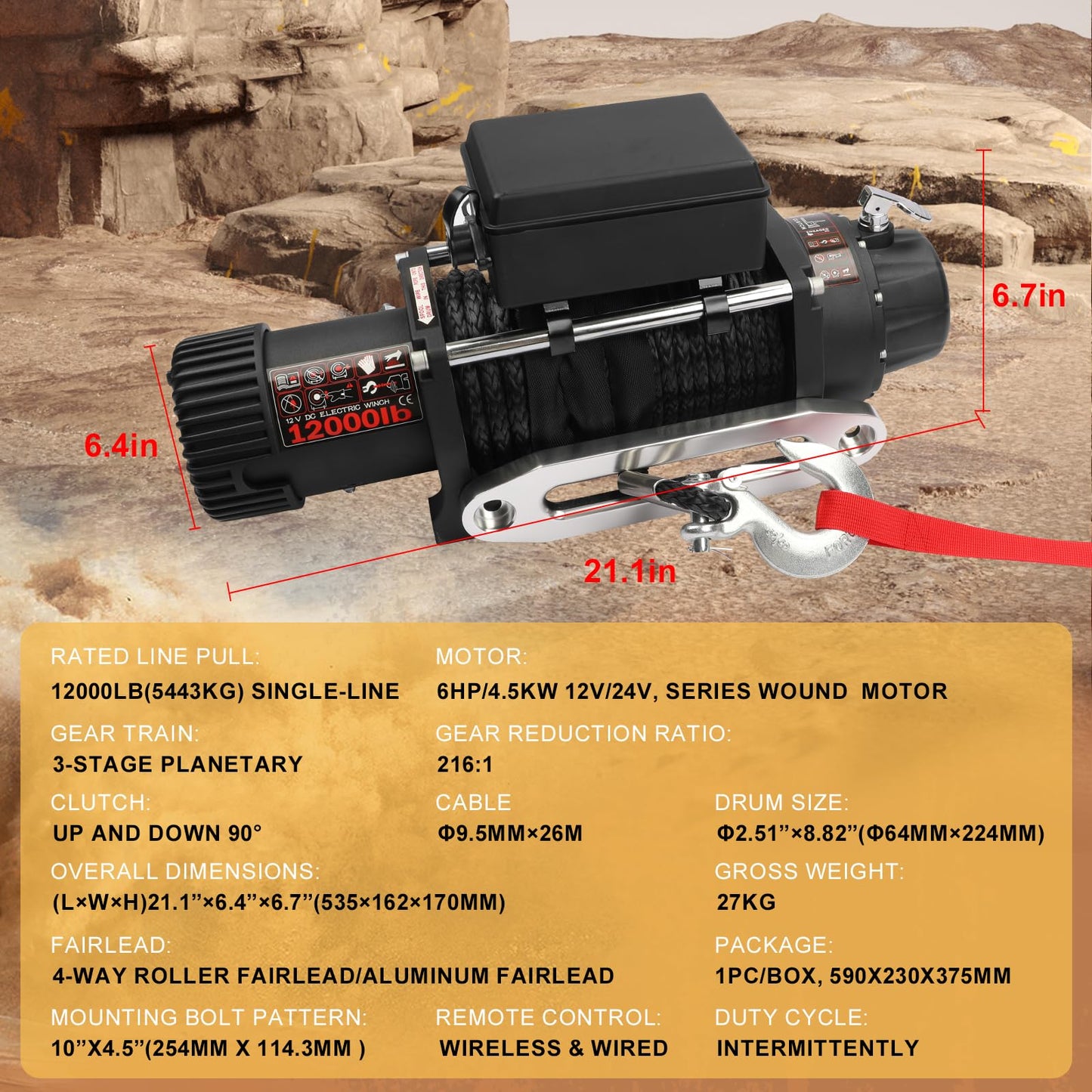 WildGear 12000LB Electric Winch 12V Series Wound Motor Synthetic Rope Wired & Wireless Remote Control Waterproof Trailer Winch for Jeep Off Road SUV Truck Boat
