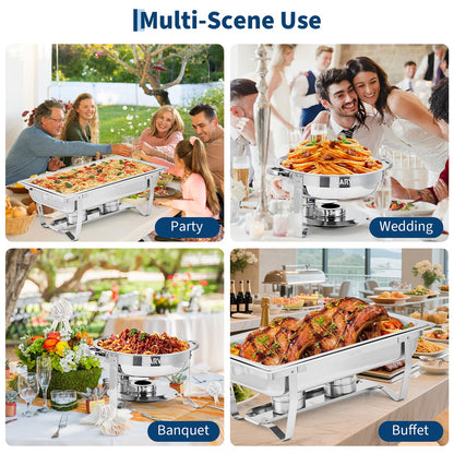 Garvee 4 Pack Chafing Dish Buffet Set, 8 Qt Rectangle & 5 Qt Round Stainless Steel Chafers and Food Warmer Sets with Lid, Food & Water Pan and Fuel Holder for Events, Parties & Holiday Catering