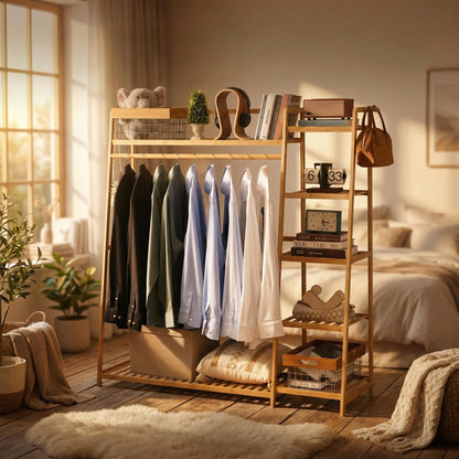 Baveke Bamboo Clothing Garment Rack Frame Made of FSC-Certified Bamboo, 7 Tier Storage Shelf Coat Clothes Hanging Rack, Portable Wardrobe Closet Organizer, Shoe Storage Shelves for Bedroom, Natural