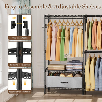 Golpart Coat Rack Clothes Wardrobe：Closet Organizer and Storage Clothing Garment Rack with Shelves Heavy Duty for Hanging Clothes Portable Adjustable Black 15.8" DX(70-88)" WX76.5 H