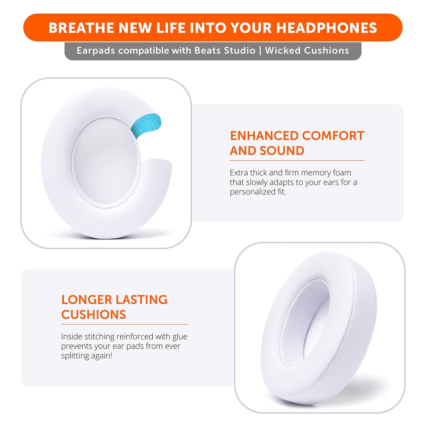 WC Wicked Cushions Replacement Ear Pads for Beats Studio 2 & 3 (B0501, B0500) Wired & Wireless | Does NOT Fit Beats Solo | Softer PU Leather, Enhanced Foam & Stronger Adhesive | White