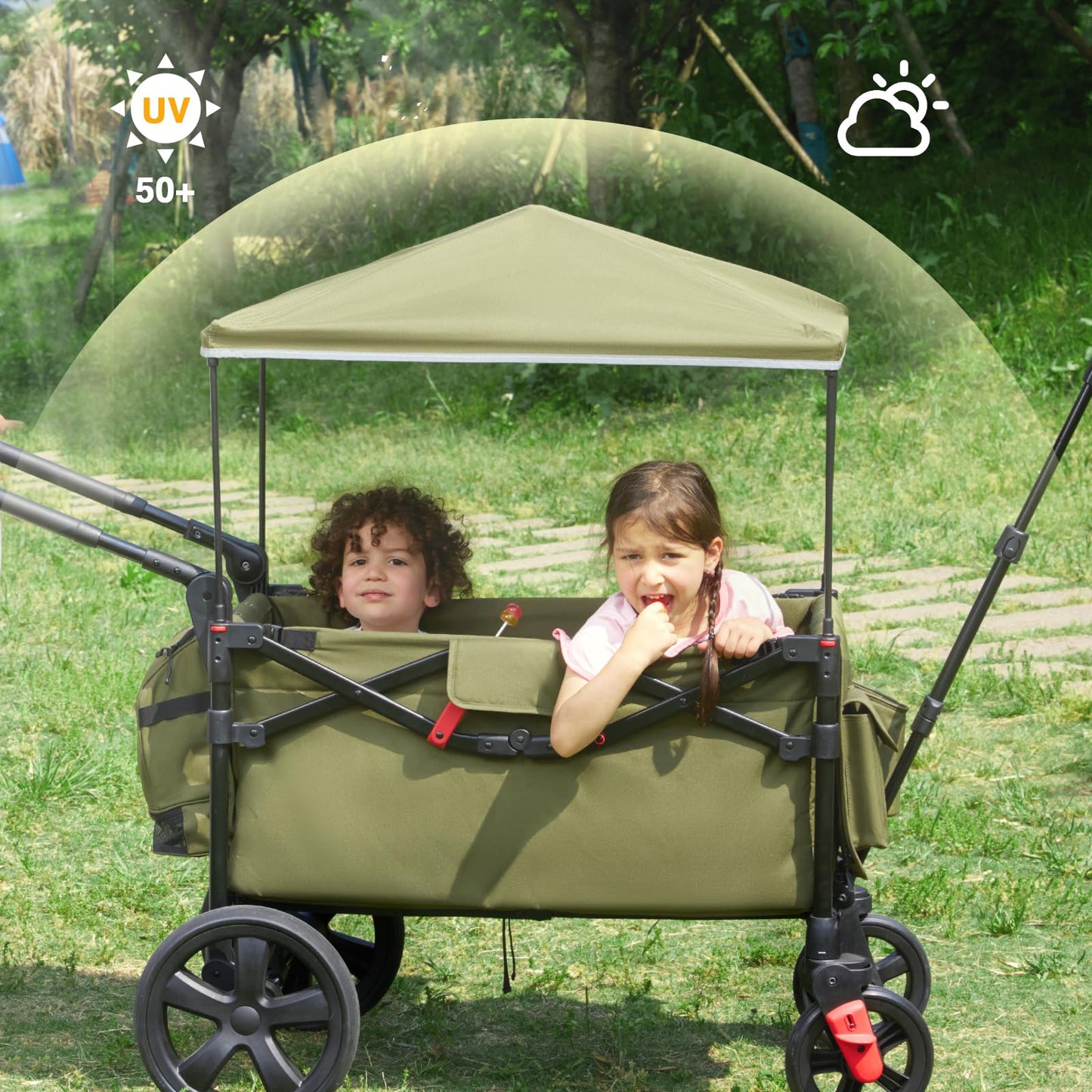 EVER ADVANCED Foldable Wagons for Two Kids & Cargo, Collapsible Folding Wagon Stroller with Adjustable Handle Bar,Removable Canopy with 5-Point Harness,Green