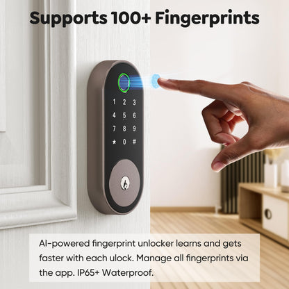 Keyless Entry Fingerprint Deadbolt Smart Lock: Digital Front Door Keypad with App Control, Electronic/Electric Deadbolt with Fingerprint & Code Access, Auto Locking, Easy to Install (Bright Brass)