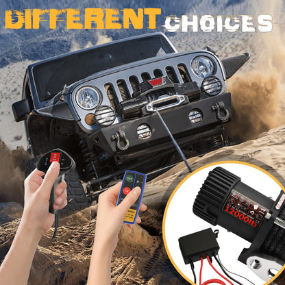 WildGear 12000LB Electric Winch 12V Series Wound Motor Synthetic Rope Wired & Wireless Remote Control Waterproof Trailer Winch for Jeep Off Road SUV Truck Boat