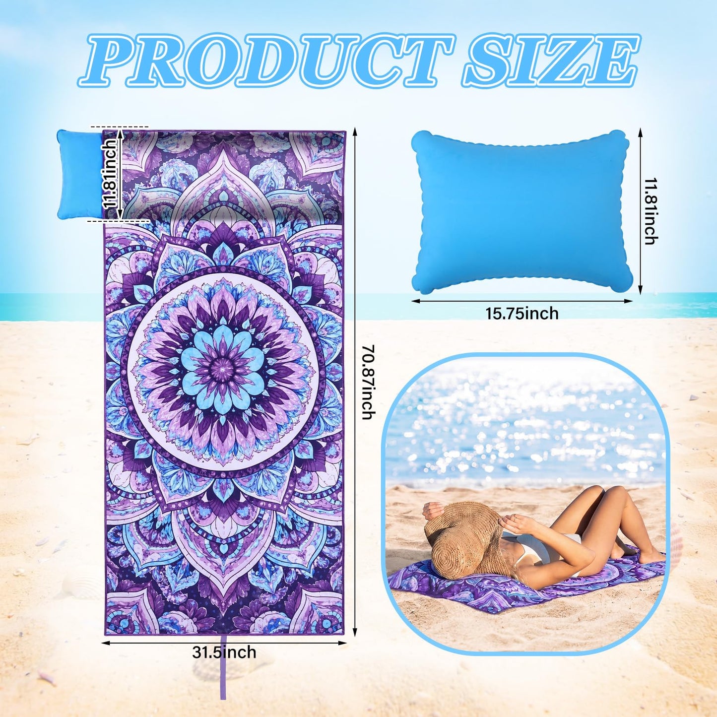 Lumina Garden 2 in 1 Microfiber Beach Towel with Round Inflatable Pillow 71'' x 32'' Mandala Lounge Chair Towel Oversized Quick Dry Blanket with Straps Pillowcases for Seaside Pool Camping