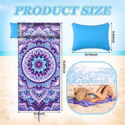 Lumina Garden 2 in 1 Microfiber Beach Towel with Round Inflatable Pillow 71'' x 32'' Mandala Lounge Chair Towel Oversized Quick Dry Blanket with Straps Pillowcases for Seaside Pool Camping