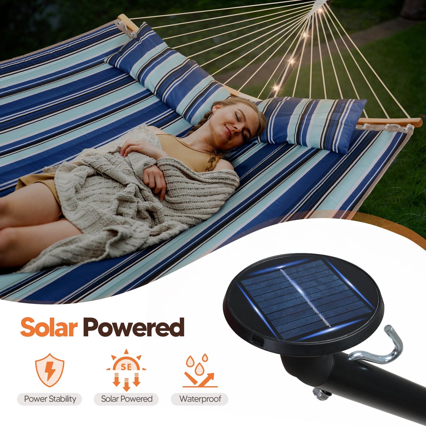 SUNCREAT Double Hammock with 12 ft Stand, Solar Powered Lights Included, Outdoor Hammock for Outside, Blue & White