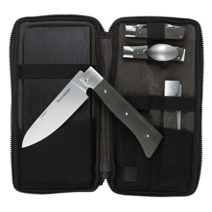 Messermeister Adventure Chef Summit Set, Distressed Linen - Folding 6” Chef’s Knife, 6” Fillet Knife, Steak Knife, Fork & Spoon, Peeler & Parer, TPE Cutting Board + Waxed Canvas Case