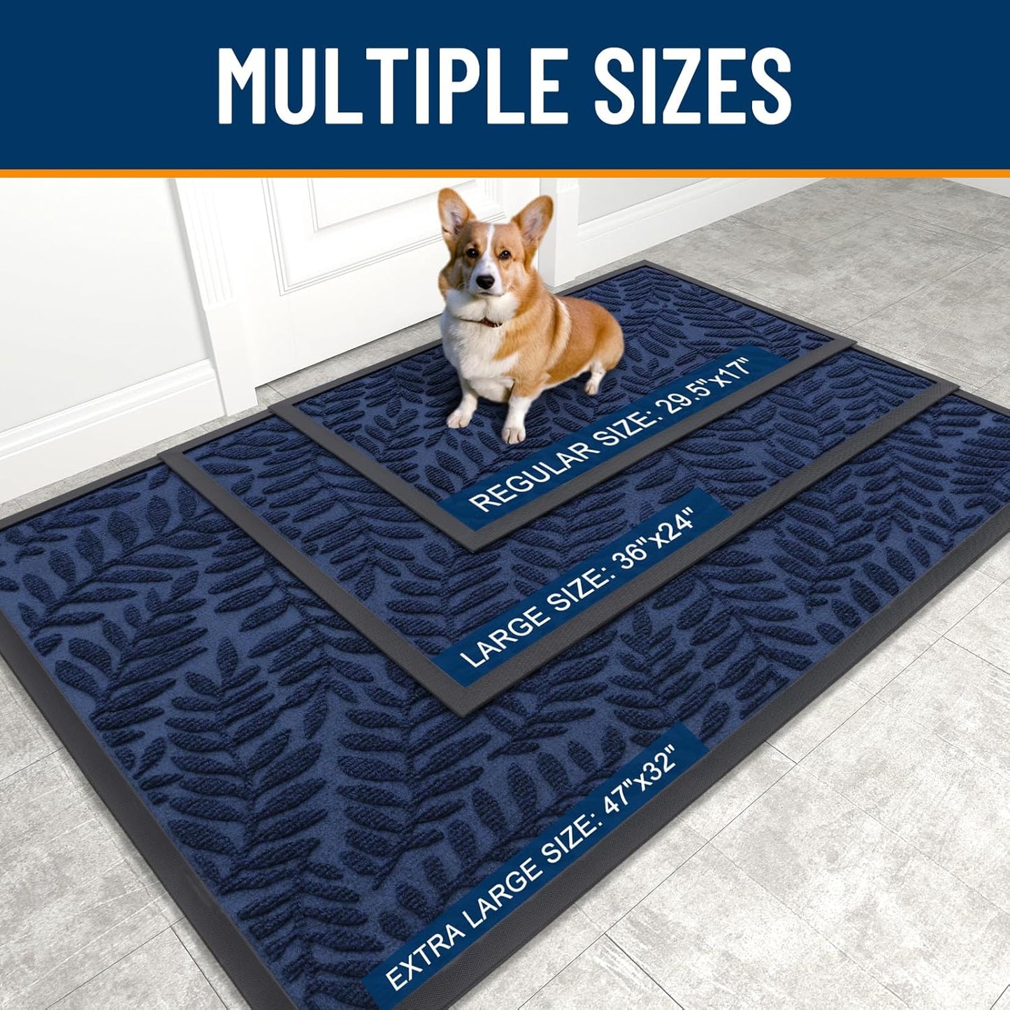 OLANLY Indoor Outdoor Door Mat - Waterproof All-Weather Doormat | Sturdy Natural Rubber, Navy Blue, 29.5x17
