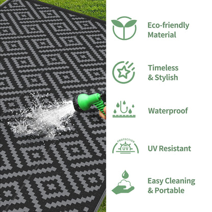 GENIMO Outdoor Rug Waterproof, 10' x 20' Reversible Plastic Straw Rug, Lightweight Large RV Camping Mat for Patio, Deck, Camper, Balcony, Backyard, Picnic, Black & Gray