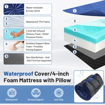 Easthome Twin Memory Foam Camping Mattress Pad with Pillow - Extra Thick 4 Inch Sleeping Pad for Camping, Waterproof Roll Up Mattress Topper for Adults Car Truck Tent Guest Bed, Travel Bag, Navy Blue