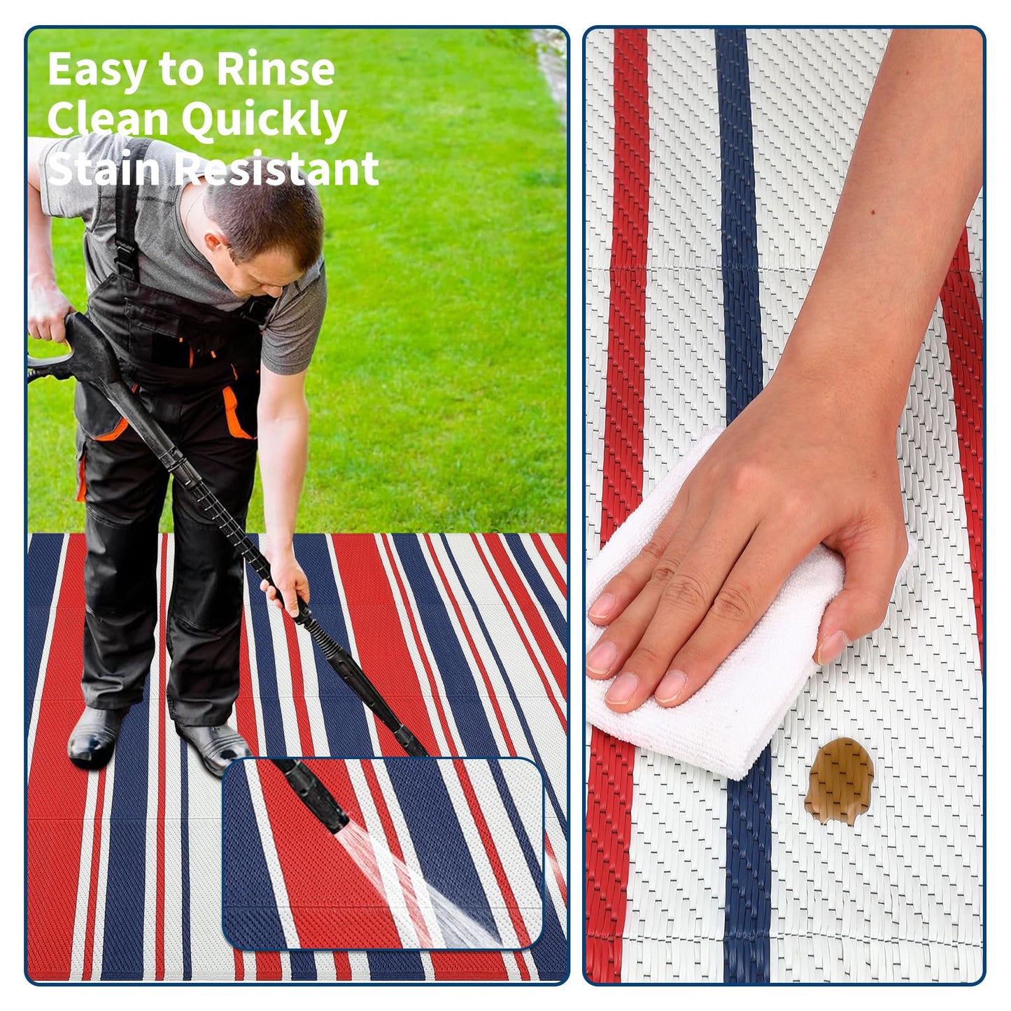GAOMON 10x20 Outdoor Rug Waterproof for Patio Plastic Straw Large Rug Geometric Stripe Indoor Outdoor Area Rug Modern Lines Outdoor Camping Rugs for RV Porch Deck Backyard Balcony, Red Navy White