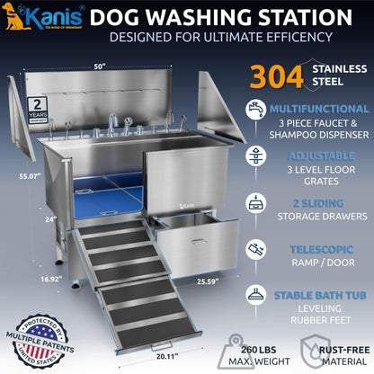 KANIS Professional Dog Washing Station 304 Stainless Steel Pet Wash Sink & Grooming Bathtub w/Shower, Floor Grates and Storage for Large, Medium & Small Pets (Silver, 50 Inches, Left Ramp, 2 Drawers)