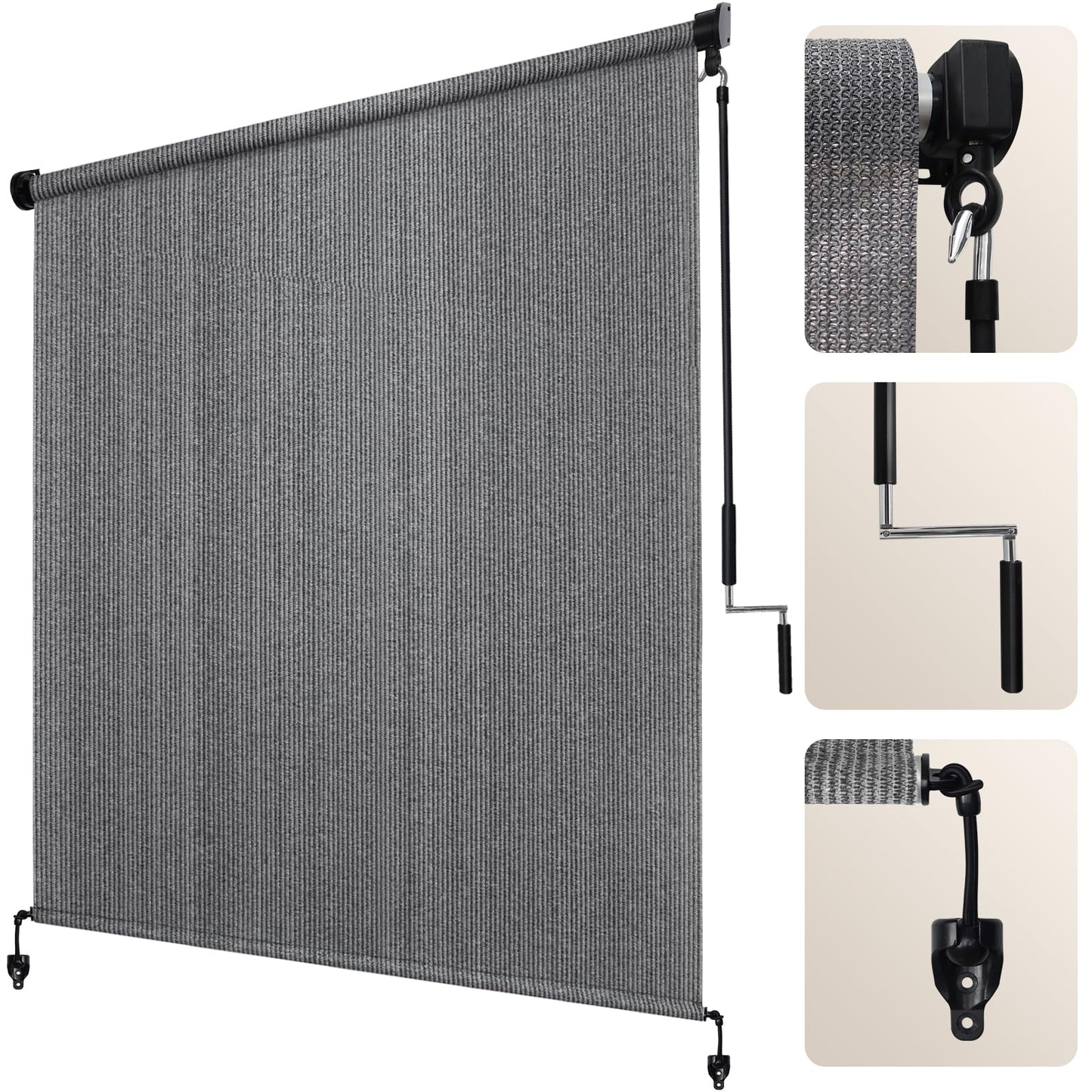 Artpuch Outdoor Roller Shade 9' W x 8' H, Gray Exterior Cordless Patio Shades Roll Up Blinds with Spliced Pole Design, One-Piece Fabric