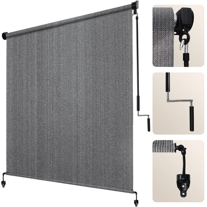 Artpuch Outdoor Roller Shade 9' W x 8' H, Gray Exterior Cordless Patio Shades Roll Up Blinds with Spliced Pole Design, One-Piece Fabric