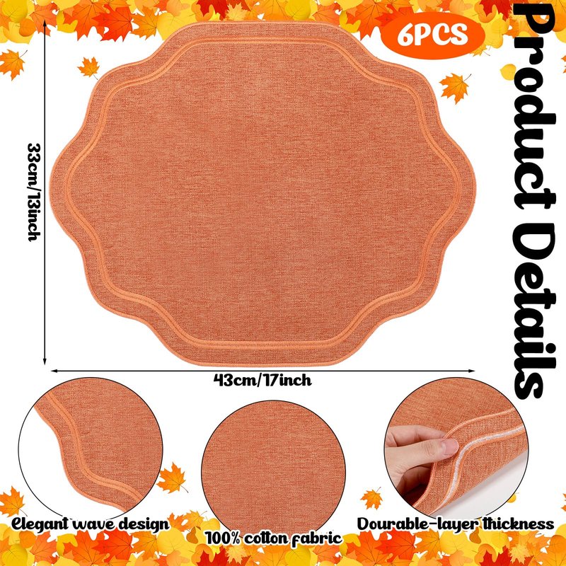 Breling 6 Pcs Orange Wedding Placemats Scalloped Embroidered Cotton Linen Placemats 17" x 13" Double Layered Machine Washable Table Place Mat for Party Table Decor (Cotton)