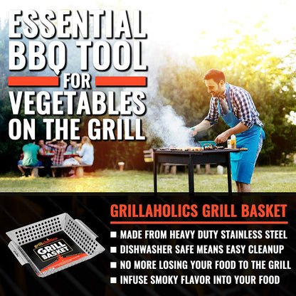 Grillaholics Vegetable Grill Basket for Outdoor Grill - Extra Large, Heavy-Duty Stainless Steel Veggie Grilling Basket with Handles