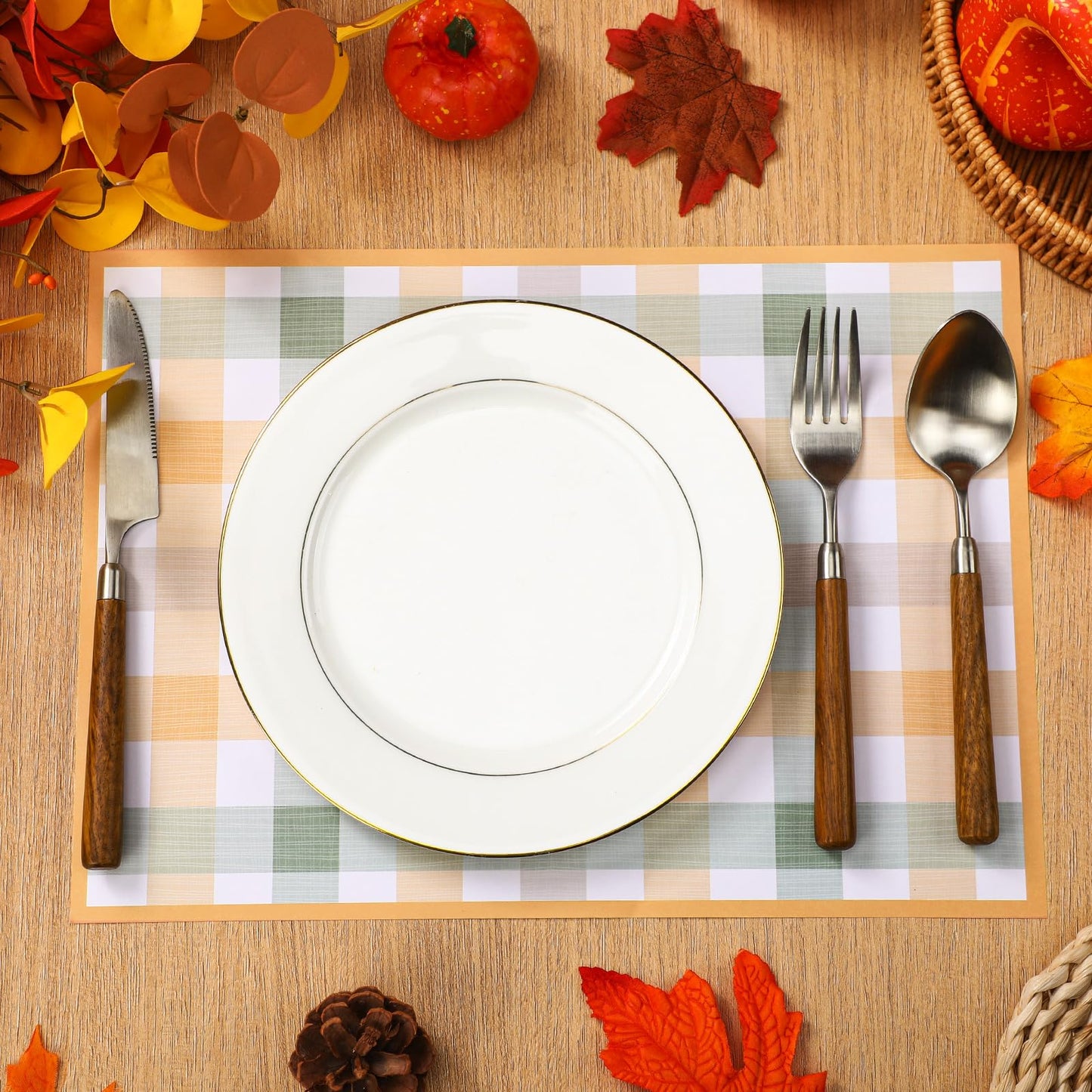 Patelai 50 Pcs Thanksgiving Gingham Paper Placemats 10 x 14 Inch Disposable Scottish Plaid Table Place Mats Checkered Placemat for Thanksgiving Fall Harvest Party Supplies