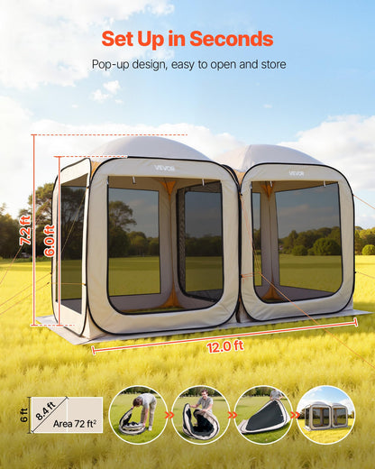 VEVOR Pop up Screen House Tent, 12 x 6 ft, 2 in 1 Screen Gazebo, Portable Screened in Canopy with Carry Bag, Netting Sides, Ground Stakes, for Garden, Patio, Backyard, and Outdoor Activities, Beige