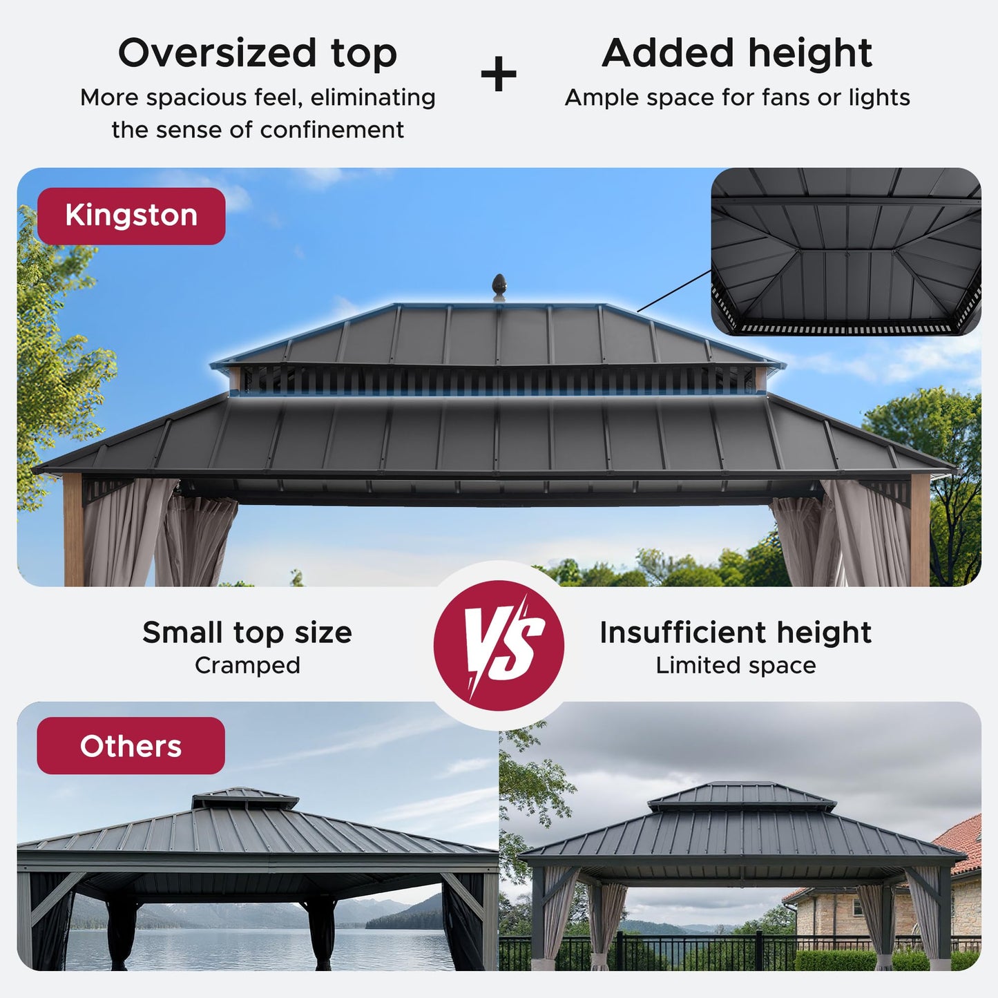 SUNJOY Kingston 16' x 12' Hardtop Gazebo with Galvanized Steel Double Roof, Curtain and Netting, Woodgrain Finish Aluminum Posts Permanent Pavilion Gazebo for Garden, Patio, Deck, Lawn