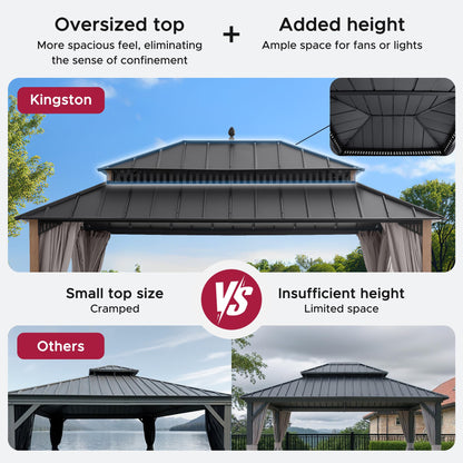 SUNJOY Kingston 16' x 12' Hardtop Gazebo with Galvanized Steel Double Roof, Curtain and Netting, Woodgrain Finish Aluminum Posts Permanent Pavilion Gazebo for Garden, Patio, Deck, Lawn
