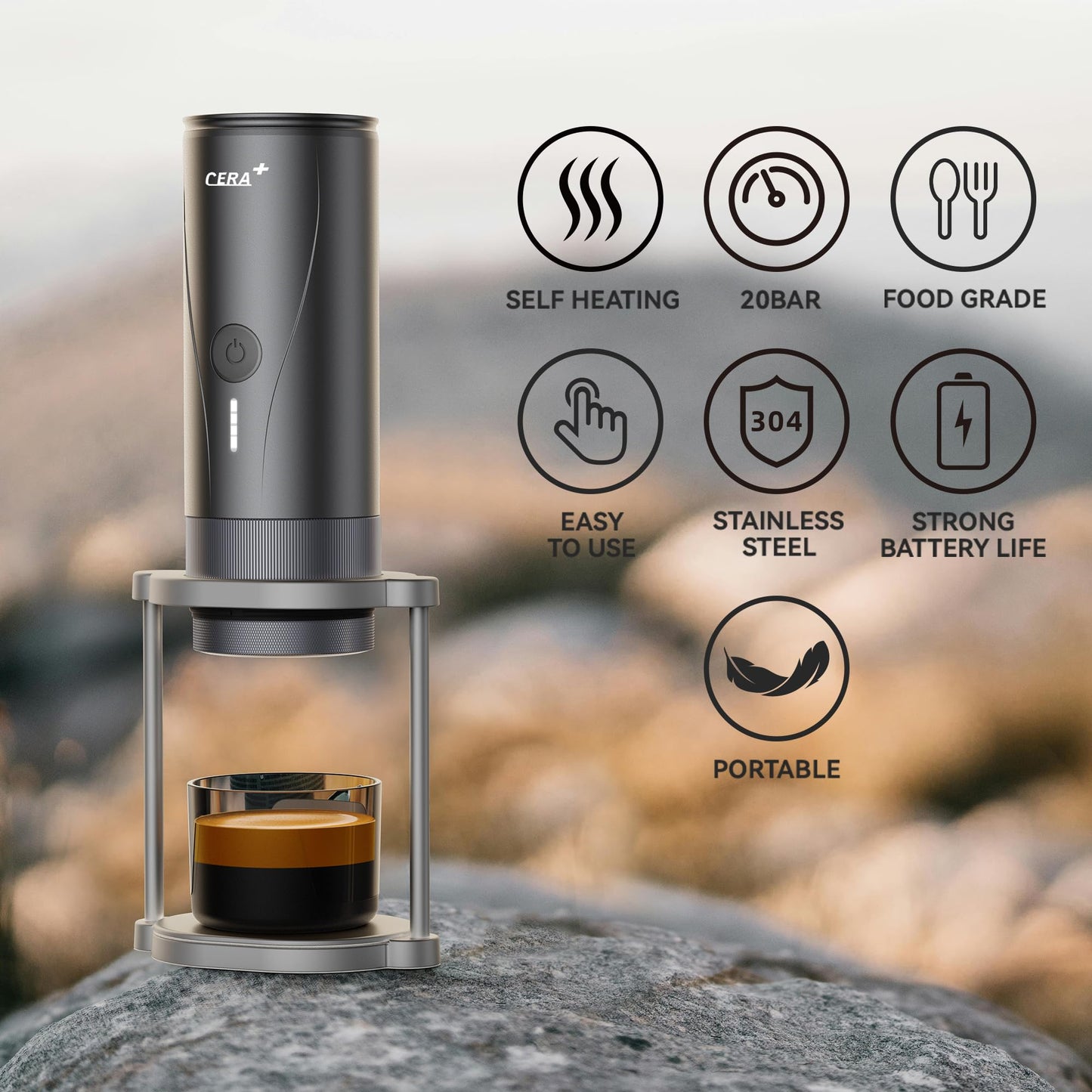 CERA+ PCM04A Portable Espresso Maker Pro Version Self-Heating Professional-Level Mini Coffee Machine Compatiable with Ultra-Fine Grind For Travel,Camping,Hiking