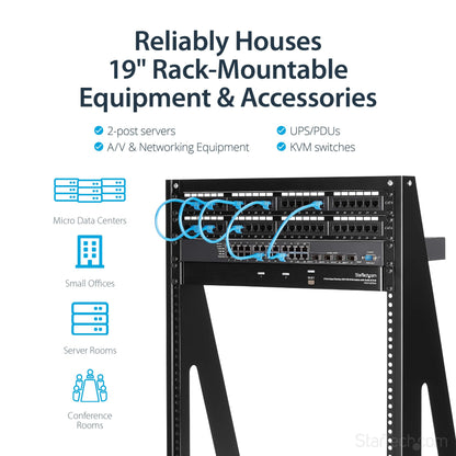 StarTech 16U 2-Post Open Frame Desktop Server Rack, 19in Compact Space-Saving Floor IT Rack with 350lb (160kg) Weight Capacity