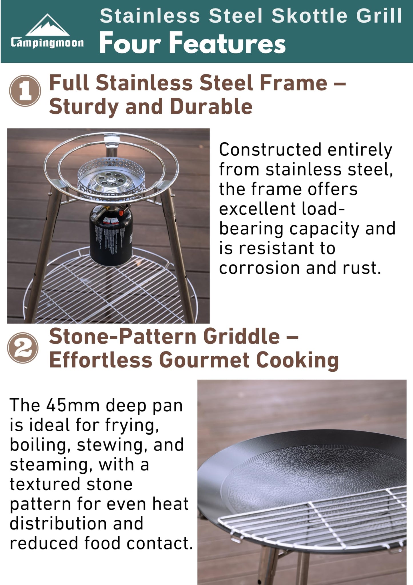 CAMPINGMOON Skottle Grill Cooking System Kit 18 inch Carbon Steel Pan Adjustable Legs Portable Camp Cooking Gear with Carry Bag (Skottle isobutane stove set GR-901)