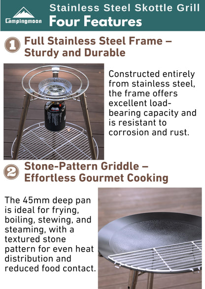 CAMPINGMOON Skottle Grill Cooking System Kit 18 inch Carbon Steel Pan Adjustable Legs Portable Camp Cooking Gear with Carry Bag (Skottle isobutane stove set GR-901)