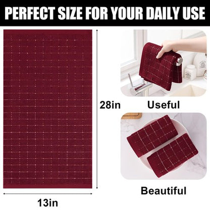Homaxy 100% Cotton Terry Kitchen Towels(Burgundy Red, 13 x 28 inches), Checkered Designed, Soft and Super Absorbent Dish Towels, 4 Pack
