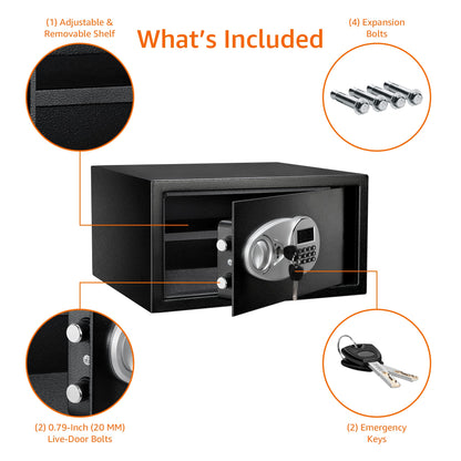Amazon Basics Steel Security Safe Box with Digital Keypad, for Valuables, Cash, Jewelry, Documents, Removable Shelf, Black, 1 Cubic Foot, 16.9"x14.6"x9.1" (WxDxH)