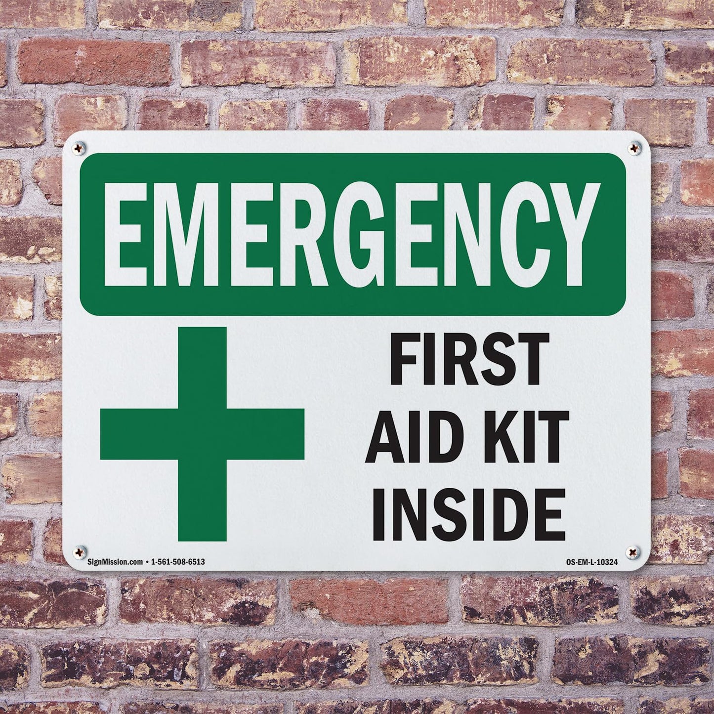 First Aid Kit Inside OSHA Emergency Rigid Plastic Sign 18 Inch x 12 Inch - 10 Pack