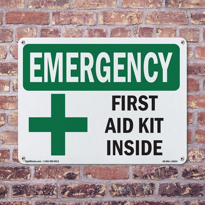 First Aid Kit Inside OSHA Emergency Rigid Plastic Sign 18 Inch x 12 Inch - 10 Pack