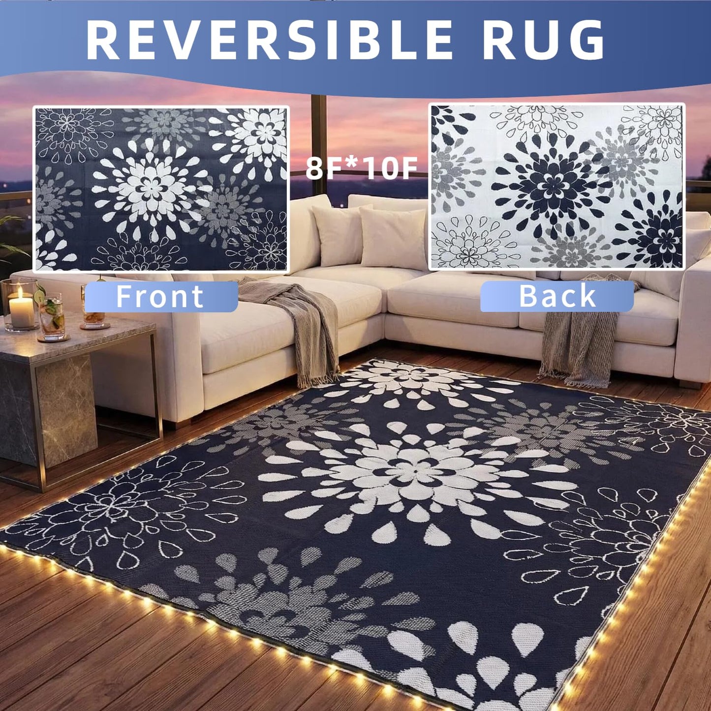 Wallona Outdoor Rugs 8x10 ft Patio Waterproof with Led Strip Lights Indoor Outdoor Carpet for Patio Plastic Straw Reversible Area Rugs Mat for RV, Camping, Beach, Picnic, Porch, Flower Blue & White