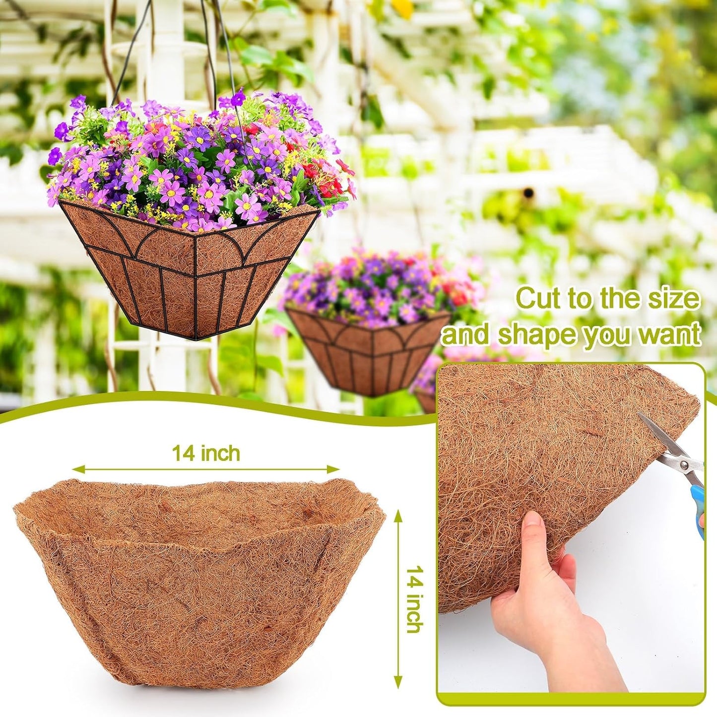 Newtay 14-Inch Square Coconut Liners - 4 Pcs Coir Fiber Replacement for Hanging Baskets & Pots