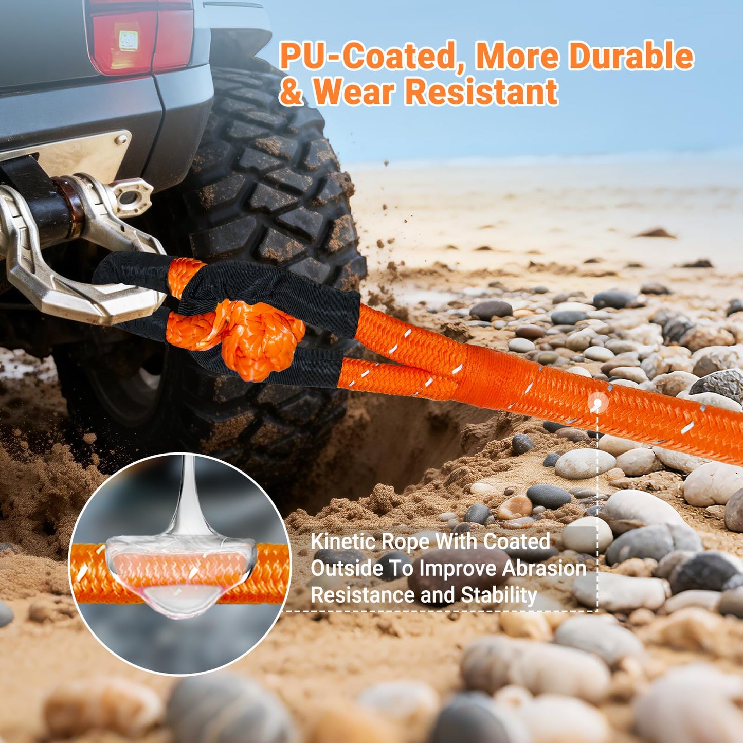 Kinetic Recovery Tow Rope Kit - 1" x 30ft 55000LBS Tow Strap with 2 Soft Shackles, Heavy Duty Kinetic Recovery Rope for Off-Road Vehicle, Jeep, Truck, SUV, UTV, ATV - Orange