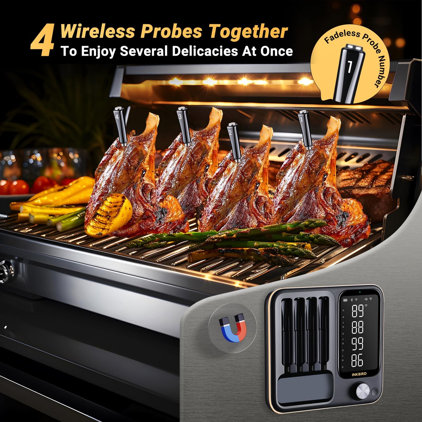 Wireless Meat Thermometer with 4 Probes, INKBIRD WiFi Meat Thermometer Digital Wireless for Rotisserie Grill Oven,Unlimited Range Dishwasher Waterproof Bluetooth Thermometer for iOS & Android