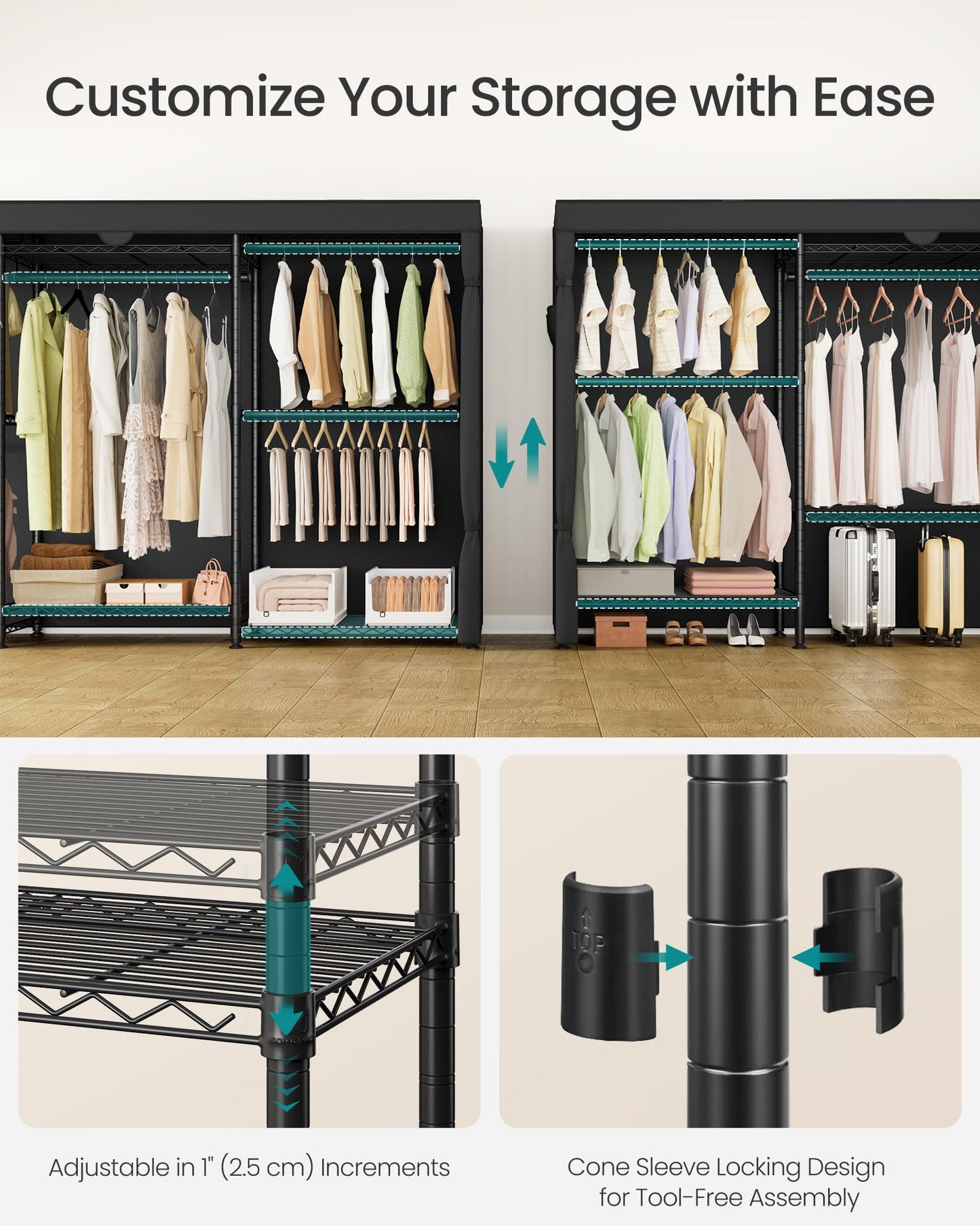 SONGMICS Heavy-Duty Rolling Clothes Rack, Garment Rack, Portable Closet, with Adjustable Mesh Shelves and Hanging Rails, Fabric Cover, 15.8 x 86.4 x 76 Inches, Ink Black ULGR437BH01