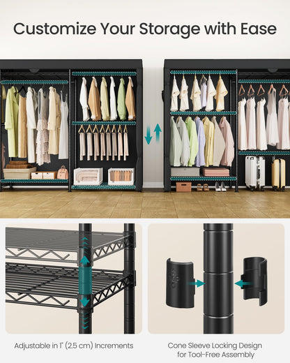 SONGMICS Heavy-Duty Rolling Clothes Rack, Garment Rack, Portable Closet, with Adjustable Mesh Shelves and Hanging Rails, Fabric Cover, 15.8 x 86.4 x 76 Inches, Ink Black ULGR437BH01