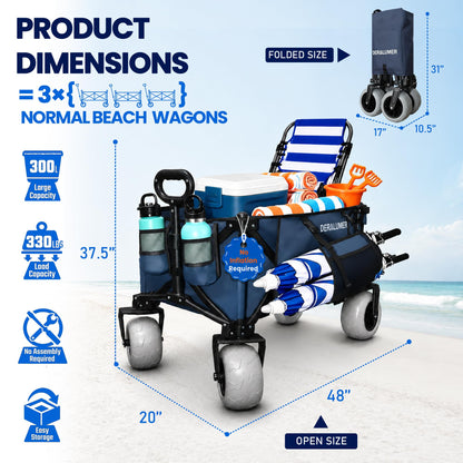 X800 Heavy Duty Beach Wagon with 9x4 Sand-Proof All-Terrain Wheels, 300L Oversized Foldable Wagon Cart with Side Bag, All-Terrain Utility Wagon for Beach Essentials, Sport, Camping（Navy Blue）
