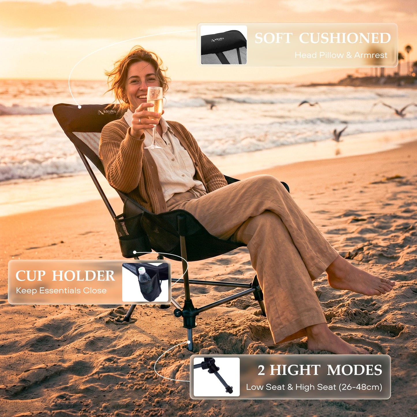 ARURU Hammock Camping Chair, Lightweight Folding Beach Lounge Chair with Adjustable Height Legs, Mesh Portable Swing Camp Chair with Cushioned Head Pillow & Armrests for Camping Beach Hiking